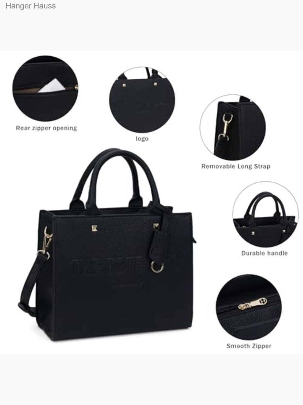 Faux Leather Satchel Tote Bag with Shoulder Strap, 4 Compartments, Zip Closure, - Picture 4 of 6